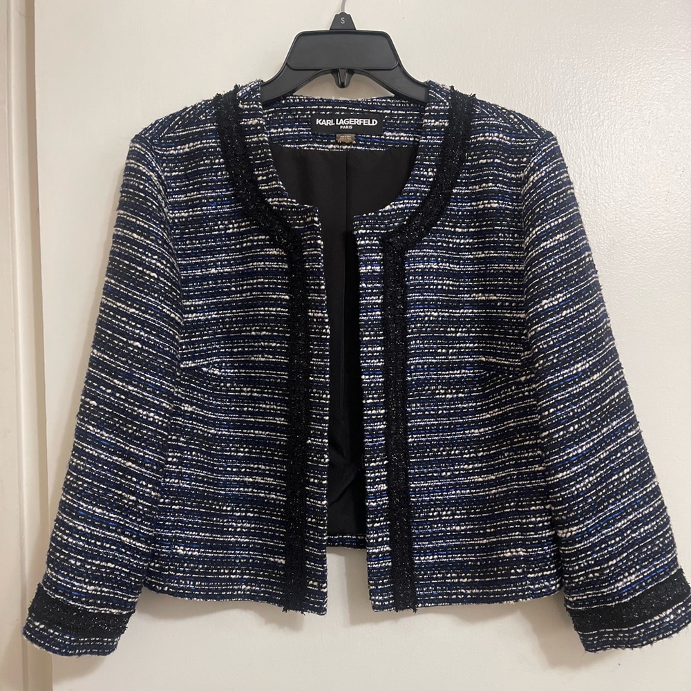 Karl Lagerfeld Open Front Blazer Blue Collarless Size Large - Picture 2 of 6